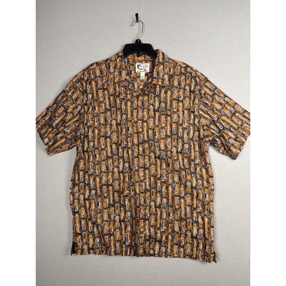 Bluewater Wear Shirt Mens XL Brown Nautical Fish Print Short Sleeve Made USA